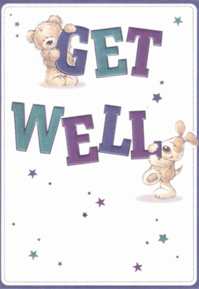 Set against a crisp white background reminiscent of morning light over Bexleyheath's tree-lined avenues, this get well card tells a story of gentle reassurance. A friendly bear, with the softest-looking fur and bright expressive eyes, sits near a floppy-eared puppy-each absorbed in their delightful task of passing along heartfelt wishes. The oversized letters-layered in vibrant purples and aquas-anchor the scene with confidence and cheer, their rounded forms almost seeming to bounce in joyful celebration. Scattered stars in luminous blues and violets drift around the figures, like sparks of hope for brighter days. The illustration's warmth recalls a bouquet arranged with utmost care at Bexleyheath Flowers, each detail purposefully chosen to lift the spirits. The design carries an almost tangible sense of softness; one can imagine running a hand along the bear's plush arm or hearing the puppy's gentle whine. Together, these characters and their hopeful message become a radiant gift, ideal for bringing comfort and encouragement to someone recovering-whether here in Bexleyheath or just a walk away from the bustle of the High Street.