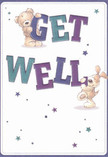 A scene of sweet optimism unfolds in this get well card, beloved in Bexleyheath for its ability to bring comfort and a smile. Two charming friends-a plump, soft teddy bear and a floppy-eared puppy-spring playfully from a background of creamy white, their paws cradling the oversized, colourful letters that spell out 'Get Well.' The text glows in rich indigo and teal, bold against the gentle cream, while glimmering stars in hues of blue and purple dance throughout, adding a note of magical hope. The tender illustration style makes the bear's fur appear downy and the puppy's ears velvety, their joyful energy echoing the uplifting mood of a thoughtfully arranged get well bouquet delivered around Bexleyheath. This card exudes the same affectionate warmth found in gestures shared by neighbours and friends near Danson Park or along the Broadway-the kind of genuine kindness that gently lifts spirits and soothes the heart, one caring wish at a time.